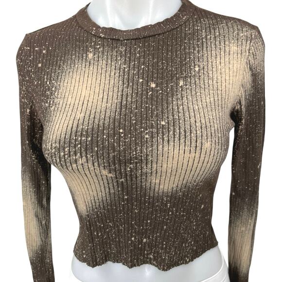 La Luxe Brown Tie Dye Galaxy Print Rib Knit Long Sleeve Crop Sweater Top Size S - Picture 3 of 4